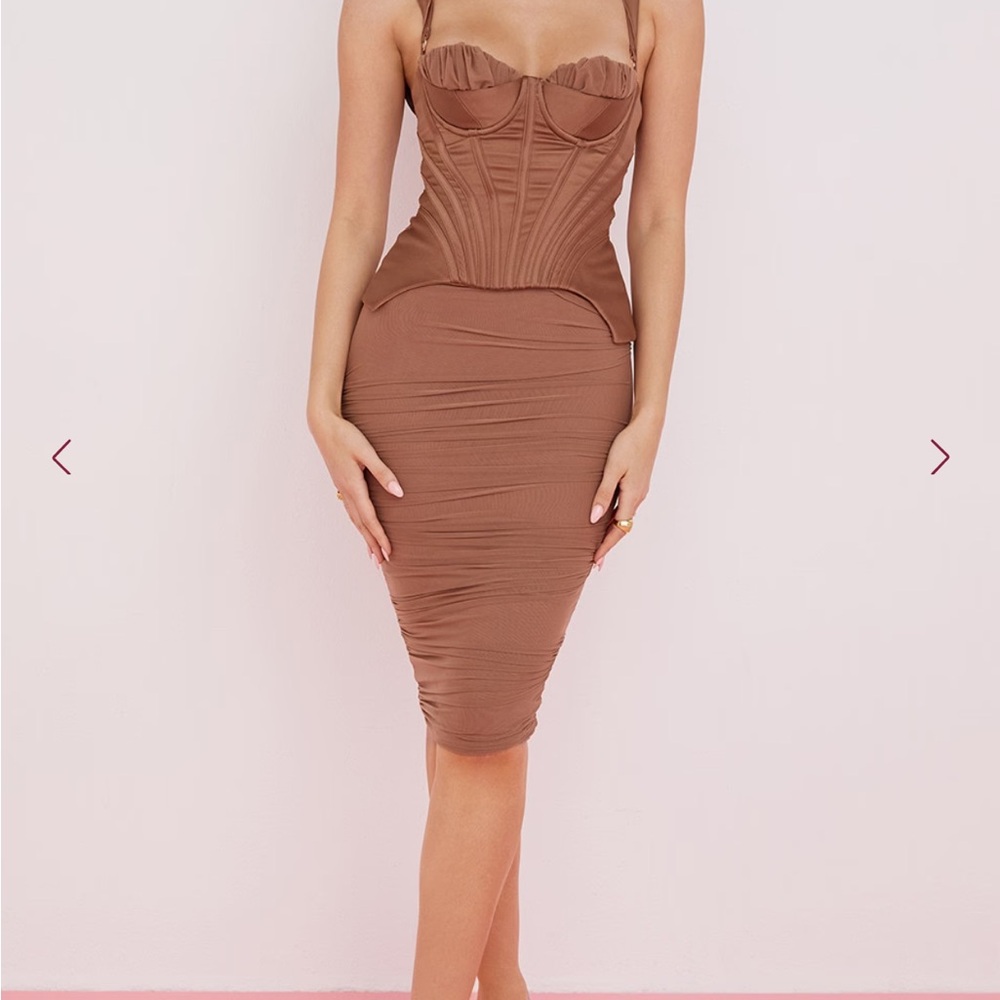 House of CB Brown Ruched Corset Midi Dress